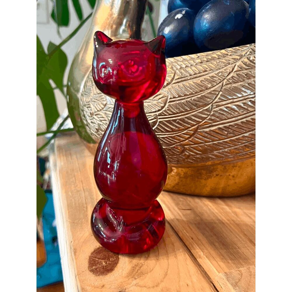 Vintage Rainbow Viking Glass Ruby Red Epic Cat Glass Figurine MCM Art Glass 6"